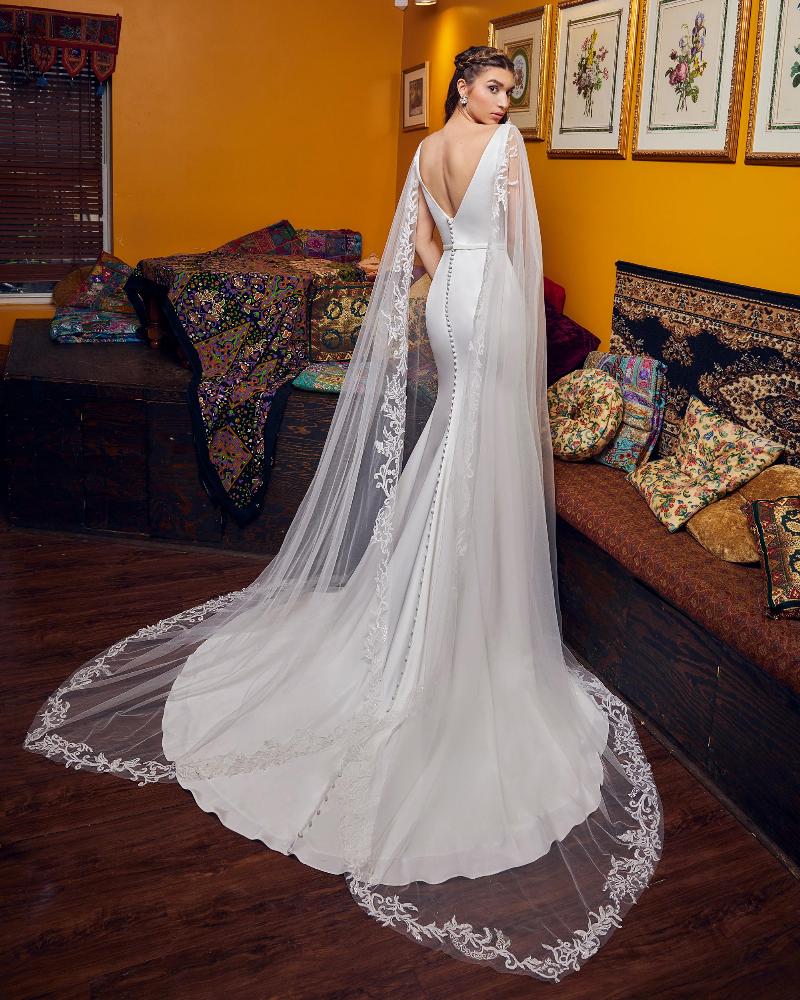 Lp2334 satin sheath wedding dress with cape sleeves and tank straps2